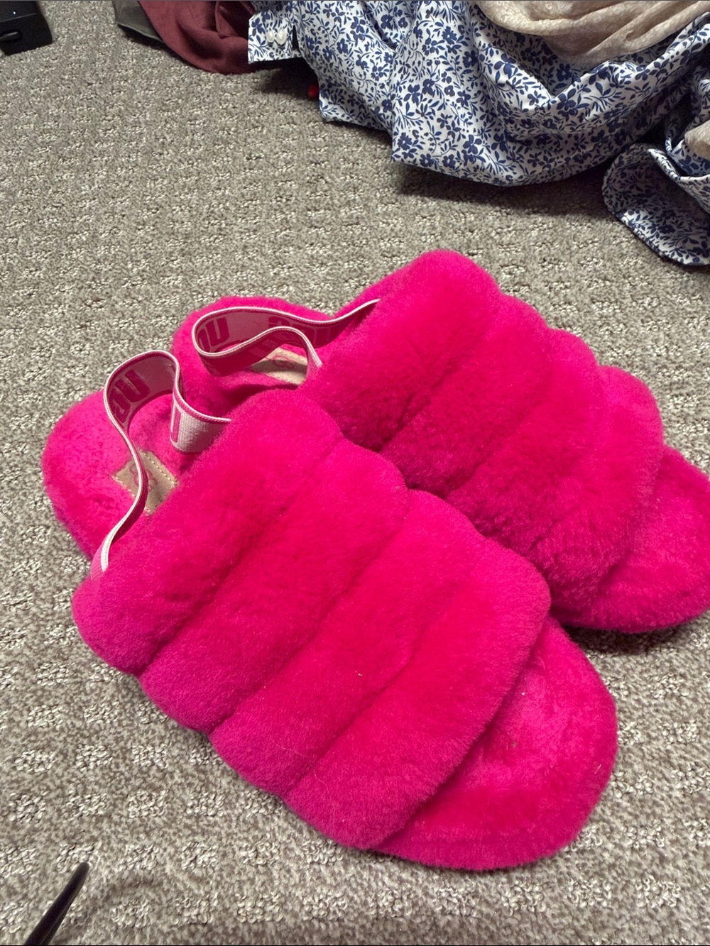 UGG Hot Pink Plush Slide Sandals with Elastic Back Strap